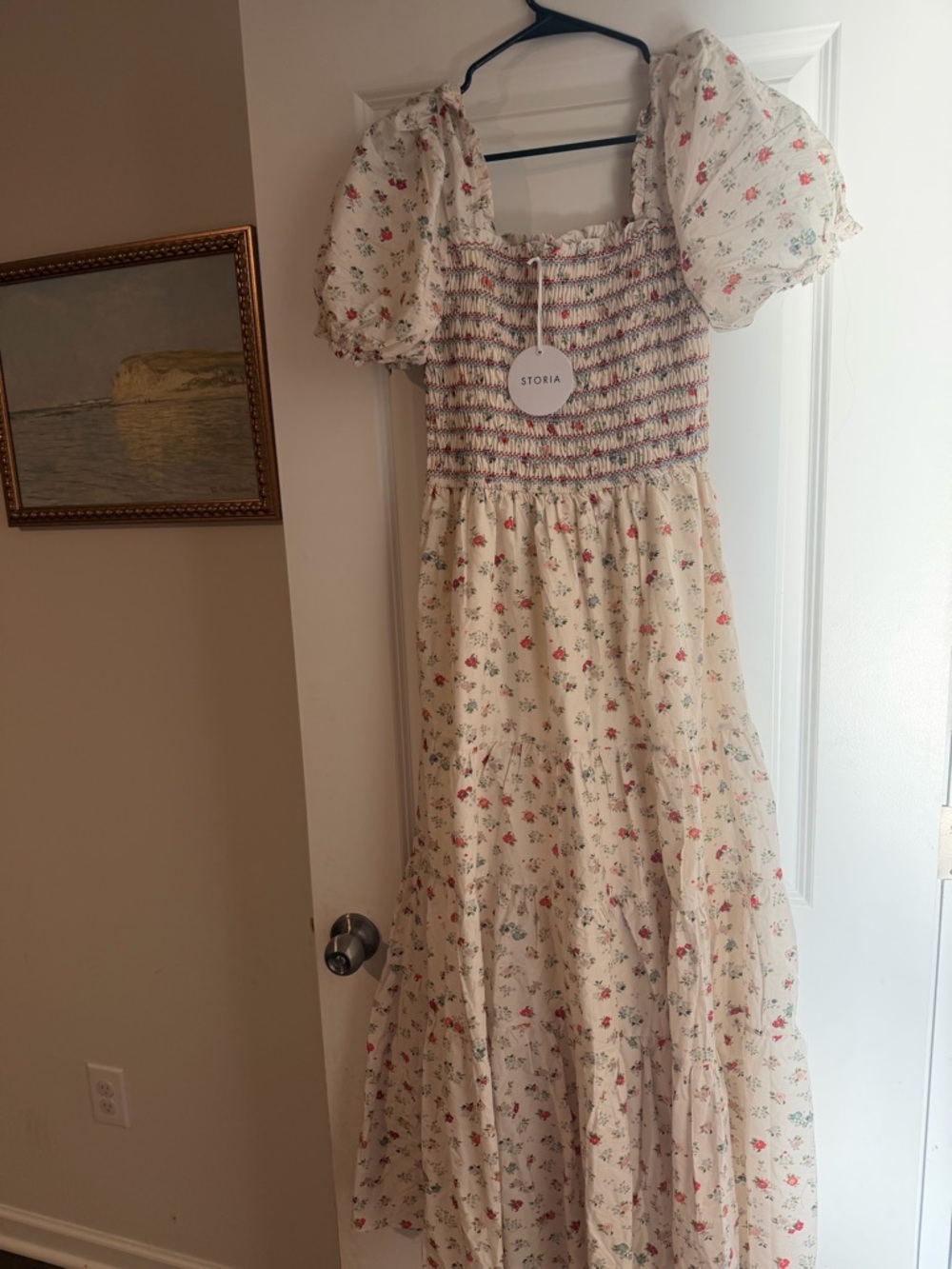 Storia Cream Floral Smocked Midi Dress with Puff Sleeves